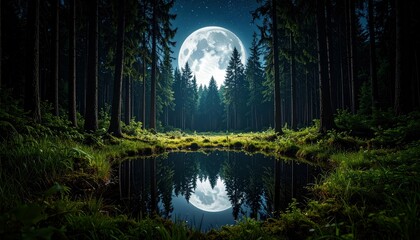 Tranquil Forest Clearing Reflects Bright Moon Under Starry Sky