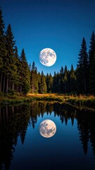 Serene Moonlit Forest Reflection in Calm Water at Night