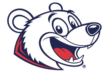 Cartoon bear with open mouth shows red tongue outlined in navy blue and white