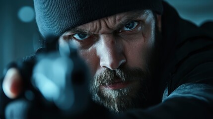 A gripping close-up of a man in a beanie, showcasing intense focus and determination as he aims a weapon, capturing raw emotion and a narrative of urgency and action.