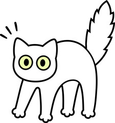Cute cartoon white cat drawing. Scared kitten with arched back, fluffy tail and big eyes. Simple vector clipart illustration.