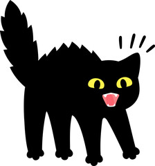 Naklejka na ściany i meble Angry black cat hissing and threatening with arched back and fur standing up. Simple cute cartoon drawing, isolated vector clip art illustration.
