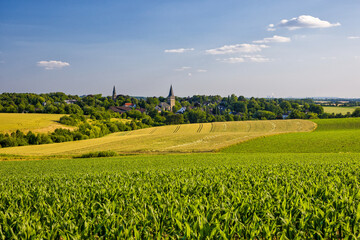 the two churches called Wiesnasen of Ratingen Homberg at summer	evenig sun with blue sky and corn...