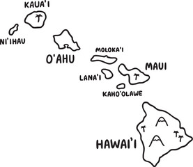 Hawaii map cute cartoon doodle. Hand drawn vector illustration of Hawaiian islands in simple style, black and white line art.