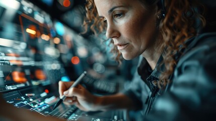 A determined woman analyzing data on a digital display, showcasing the modern workforce's reliance on technology and emphasizing the importance of analytical skills in today's world.
