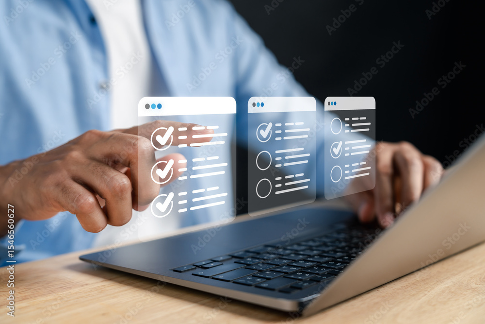Poster Digital checklist and approved document interface on laptop task management and confirmation process. Ideal for online forms, validation, and business automation systems.
