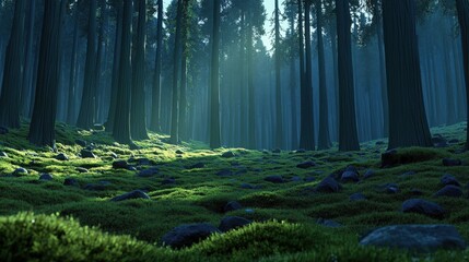 Obraz premium Tranquil Forest Scene with Sunlight Filtering Through Tall Trees