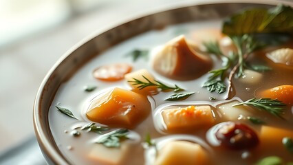 Steaming bowl of nourishing bone broth with fresh herbs and vegetables, healthy and comforting meal concept, perfect for wellness, detox, and culinary themes.