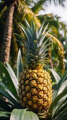 Fototapeta premium Ultra high resolution 8K image of a single perfectly ripe, golden yellow pineapple with vibrant green crown leaves, positioned prominently in the foreground. The background showcases a lush tropical p