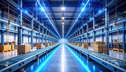Fototapeta premium Modern Warehouse with Conveyor Belts and Fluorescent Lighting