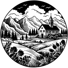 Rural landscape with church and mountains isolated on white background