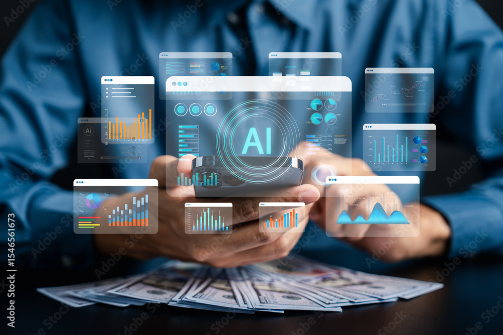 Poster AI trading system analyzing stock market charts and financial data. Investor using artificial intelligence for real-time investment strategy, profit generation, and decision-making automation.