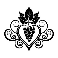 Grapes with leaves in heart shaped ornate design isolated on white background