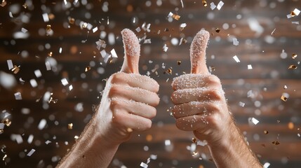 Two thumbs up gesture with sparkly confetti raining down, symbolizing celebration, positivity, and success in a playful, festive setting that conveys excitement.