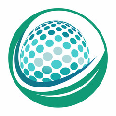 Green and blue golf ball with dimples inside a circle isolated on white