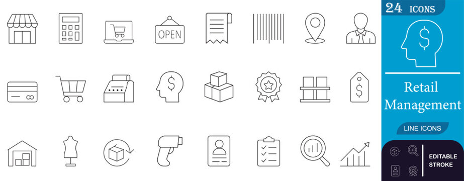 Clean and minimal line icon set for retail management, featuring store, barcode, shopping cart, payment, logistics, and sales tools. Perfect for business UI and apps.