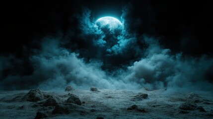 A surreal moonlit scene featuring ethereal clouds illuminated by a bright full moon, creating a mystical atmosphere in a serene, dreamlike landscape at night.
