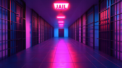 Futuristic Jail Corridor with Neon Lights