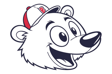 Cartoon bear head with open mouth and baseball cap smiles brightly