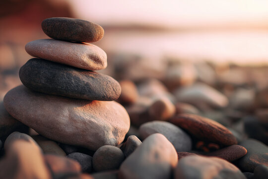 Stacked river stones in warm sunlight, neutral tones, gentle depth of field.