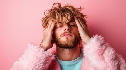 A young man with tousled hair and a pink fur coat holds his head, displaying a sense of stress or contemplation against a vibrant pink background, exploring emotions and modern fashion.