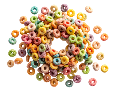 Top View of Colorful Cereal Rings Falling in Spiral Pattern, isolated on a transparent background png