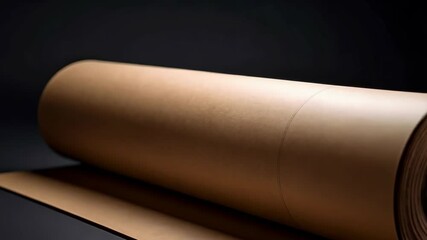 Large roll of brown kraft paper laying on matching paper sheet against a dark background in studio product photography. - Powered by Adobe