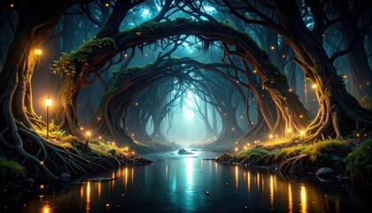 Obraz premium Ethereal Forest with River and Fireflies Under Mysterious Glow