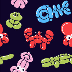 Balloon animals set. Seamless pattern. Fish, crab, octopus, squid, frog. Birthday party for children. Vector illustration. Colorful. Balloon twisting technique.