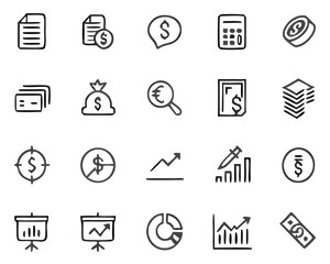 Finance and Economy icon set. Money and Finance Related Line Vector Icon Set. Editable Stroke. Banking, Loan, Money, Investment, Mortgage. Vector isolated flat vector illustration on white background.