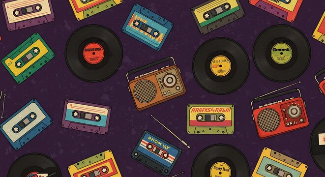 Retro Music Pattern Cassette Tapes, Vinyl Records, and Boomboxes