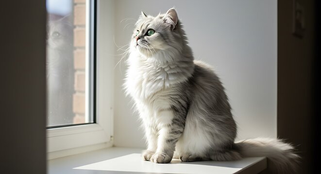 Silver Cat Sitting on Window Sill Looking Out Contentedly