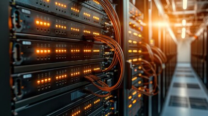 This modern image depicts a high-tech data center with illuminated server racks, symbolizing technology, connectivity, and the backbone of our digital world in a sleek environment.