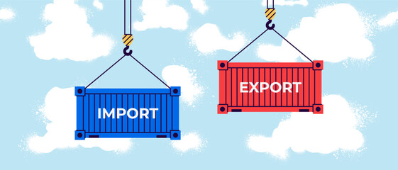 Cargo container import and export isolated. Freight shipping box hanging on crane hook. Realistic design. Flat style vector illustration. Red and blue color.