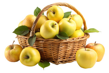 Yellow apples in wicker basket isolated on transparent background