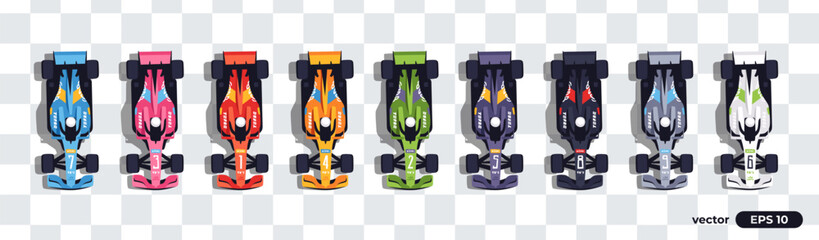 Top view racing cars set isolated. View from above. Cute cartoon transport with shadows. Modern vehicle. View from the bird's eye. Realistic car design. Flat style vector illustration.