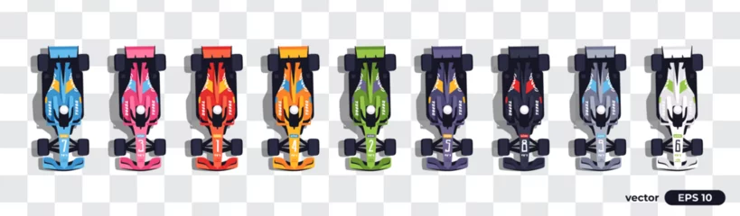 Fotobehang Auto Top view racing cars set isolated. View from above. Cute cartoon transport with shadows. Modern vehicle. View from the bird's eye. Realistic car design. Flat style vector illustration.  © Ihor