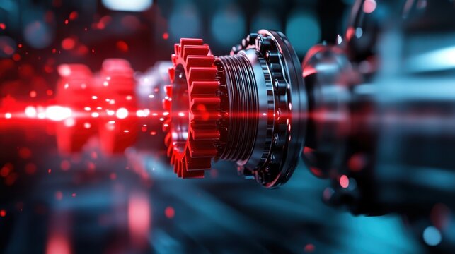 An intricate close-up of a futuristic gear, enhanced by dynamic light effects, symbolizing technology, innovation, and the drive of engineering excellence.