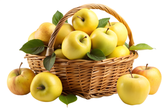 Yellow apples in wicker basket isolated on transparent background