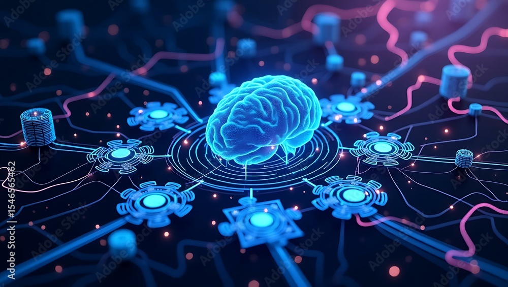 Poster A glowing, blue brain surrounded by interconnected circuits and data points, symbolizing artificial intelligence and neural networks.
