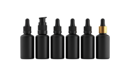 A product photography shot of five black glass dropper bottles arranged in a horizontal line against a pure white background
