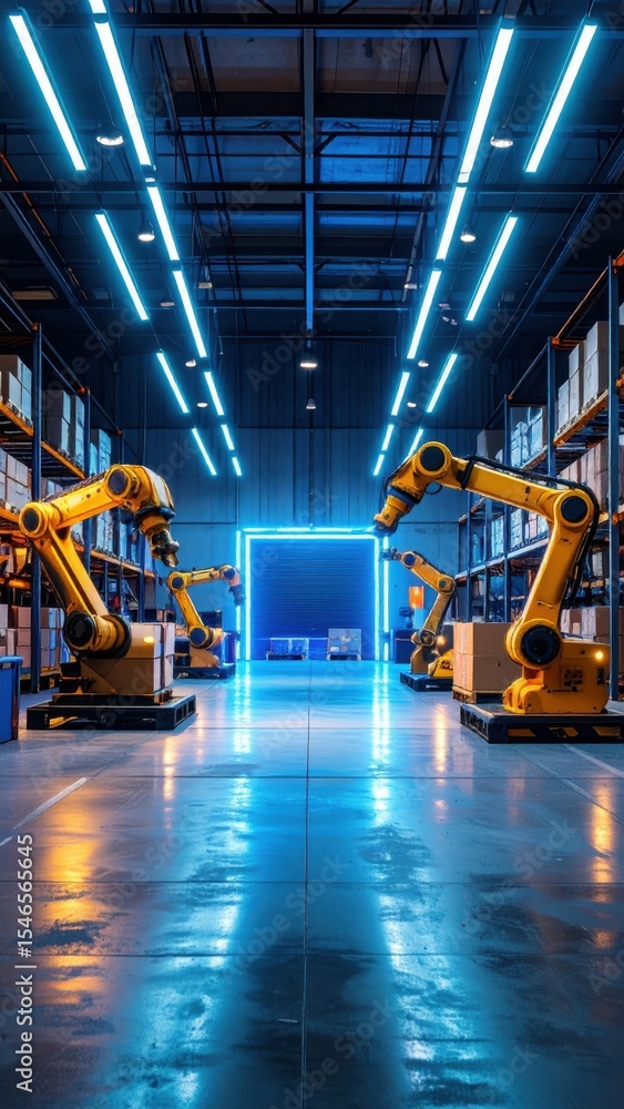 Poster neon-lit warehouse with robots and ambient glow in loading bay