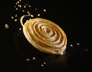 Delicate Rolled Pasta: A close-up studio shot captures the simple elegance of a coiled pasta strand sprinkled with golden beads, evoking culinary artistry. Ai generated image