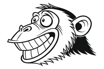 Cartoon chimp head art reveals exaggerated grin with visible teeth and prominent ears
