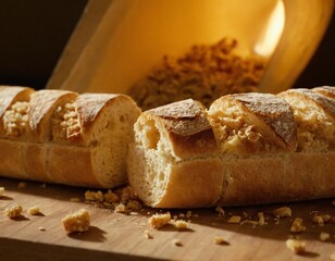 Artisan Bread: A close-up shot of freshly baked, golden-brown bread on a rustic wooden surface. The soft, fluffy interior is visible in the cut slices, Ai generated image