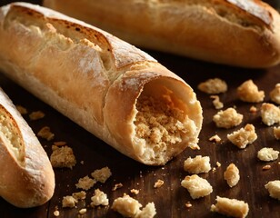 Crusty Bread: A close-up shot of freshly baked crusty bread with crumbs scattered on a wooden surface, enticing the viewer with its texture and tempting aroma. Ai generated image