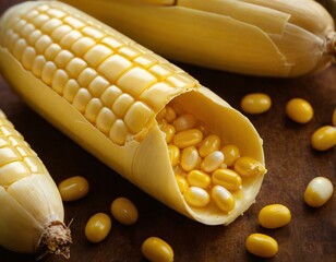 Golden Kernels Unveiled: A close-up shot showcases fresh corn cobs with their vibrant golden kernels, offering a tantalizing glimpse into nature's bounty. Ai generated image.