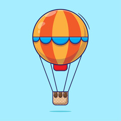 Flat design cartoon of flying hot air balloon with basket vector illustration concept. Air transportation for travel, adventure, journey and many things