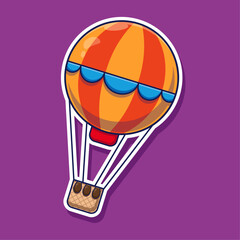 Hot air balloon with basket icon, mascot, sticker symbol illustration cartoon vector with flat style concept