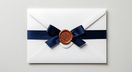 Elegant White Envelope with Navy Ribbon and Wax Seal